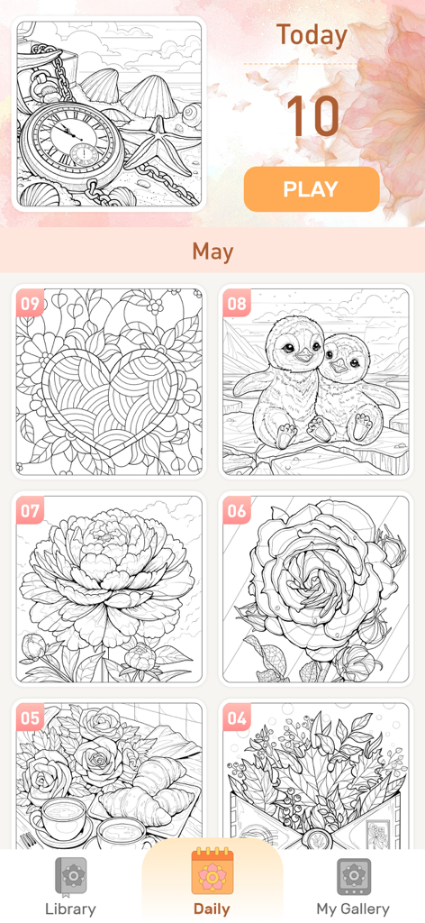 Mandala Coloring Book Game - Daily coloring page gallery featuring sketches of flowers and animals in the Mandala Coloring Book app interface