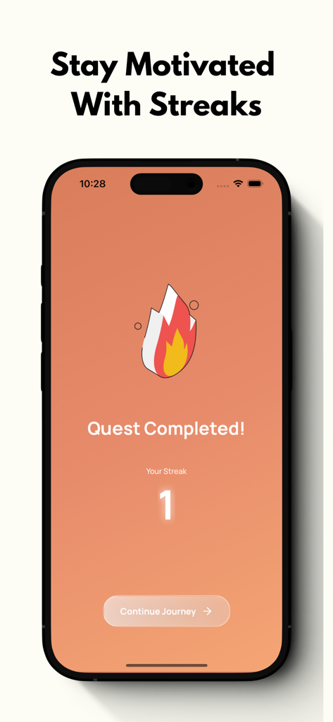 JourneyKeep: Daily Sidequests - Tela de um aplicativo móvel mostrando uma missão concluída e um contador de sequência diária com um ícone de fogo.