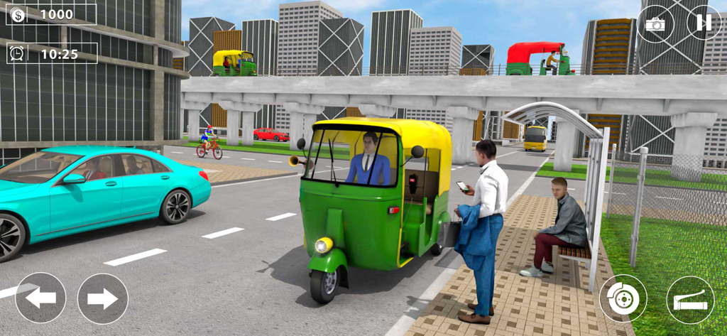 Tuk-Tuk Auto Rickshaw Games - A green and yellow auto rickshaw picking up a passenger at a bus stop in a city driving simulation game
