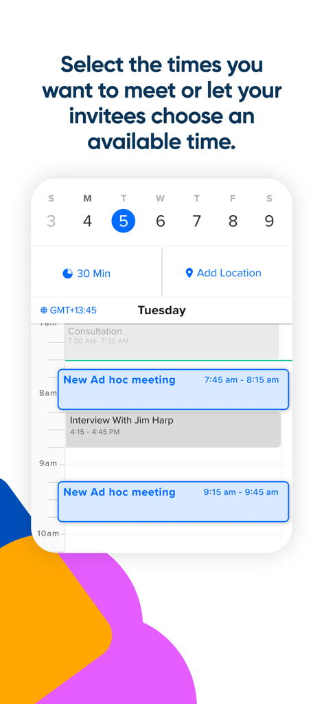 Calendly Mobile App-Oberfläche, die einen Tageskalender für die Planung von Besprechungen zeigt.