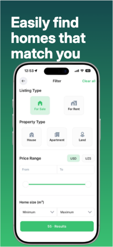 Makon - Makon app search filter screen showing options for property type, listing type, and price range in USD and UZS