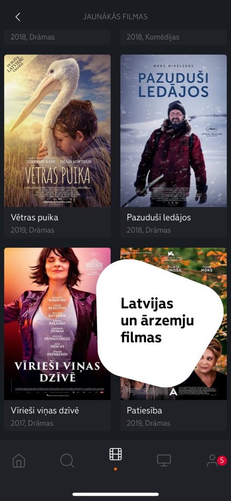 LMT Viedtelevīzija - LMT Viedtelevizija mobile app screen displaying a selection of Latvian and international movies