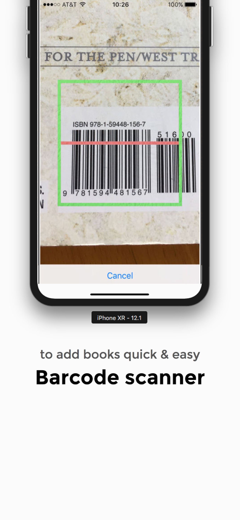 My Book List - Library Manager - Mobile app interface showing the barcode scanner for adding books to a digital library