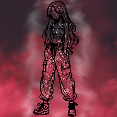 girl in baggy pants crop top and long hair