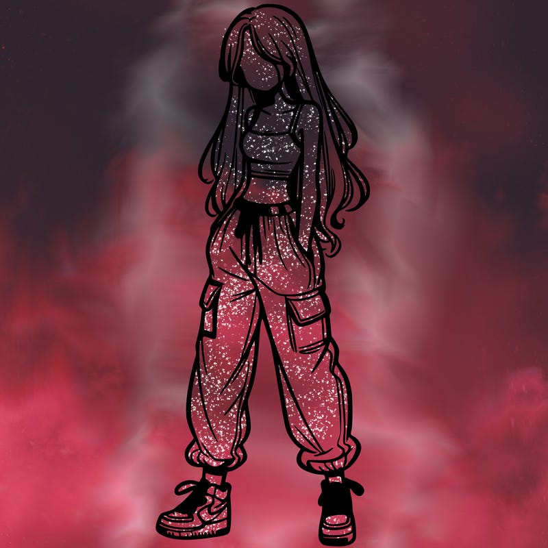 girl in baggy pants crop top and long hair