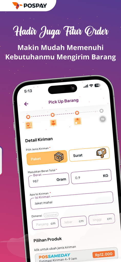 POSPAY mobile app interface for ordering package pickup and shipping services
