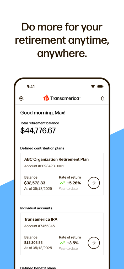 Transamerica Retirement App - Transamerica Retirement App dashboard displaying total balance and investment performance