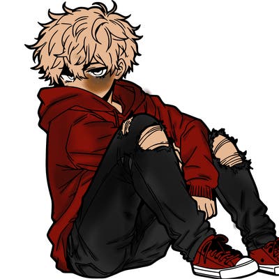 a male hoddie ripped jeans messy hair anime