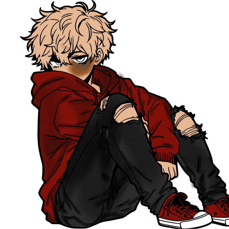 a male hoddie ripped jeans messy hair anime