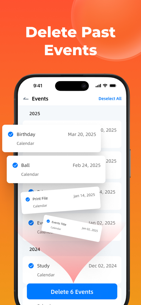 Speed Cleaner: AI Phone Clean - The Speed Cleaner app interface showing a list of old calendar events selected for deletion to free up space