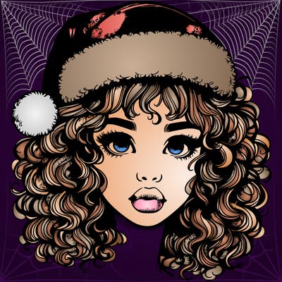 realistic girl with a santa hat curly hair and lips