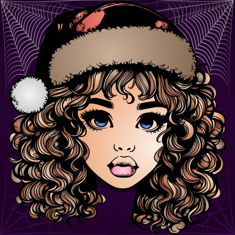 realistic girl with a santa hat curly hair and lips