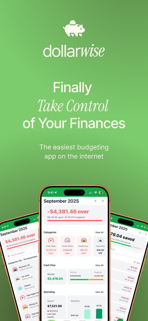 DollarWise app interface on iPhone showing financial tracking and budget categories