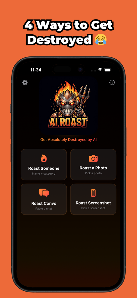Main interface of the Roast AI app featuring four ways to get roasted: by name, photo, conversation, and screenshot