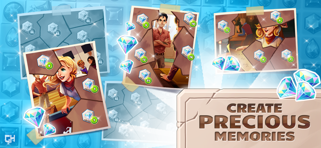 Jewel Quest - Match3 Adventure - Photo journal feature in Jewel Quest Match3 Adventure showing character story memories and diamond collectibles