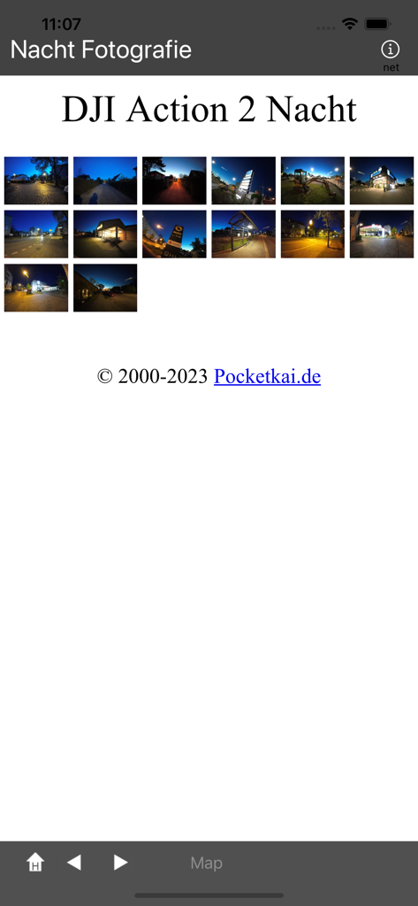 Gallery view in the Night Photography app featuring low light photos from a DJI Action 2 camera