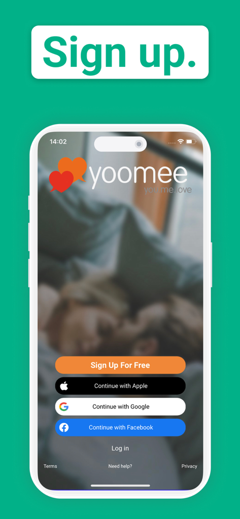 yoomee app registration screen with social login options for Apple Google and Facebook