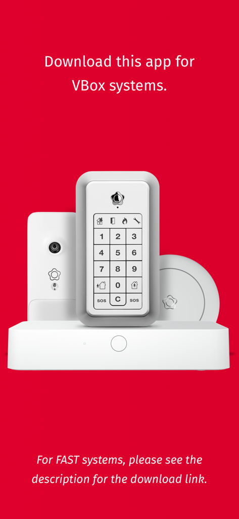 Verisure VBox 시스템용 알람 시스템 하드웨어 구성 요소, 빨간색 배경에 표시