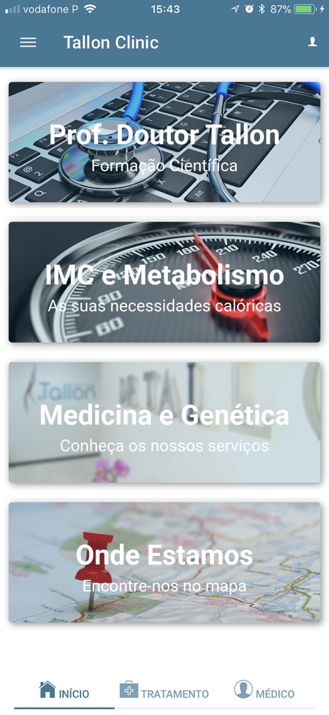 Main screen of the Tallon Clinic app featuring buttons for doctor information BMI and metabolism medicine genetics and clinic locations