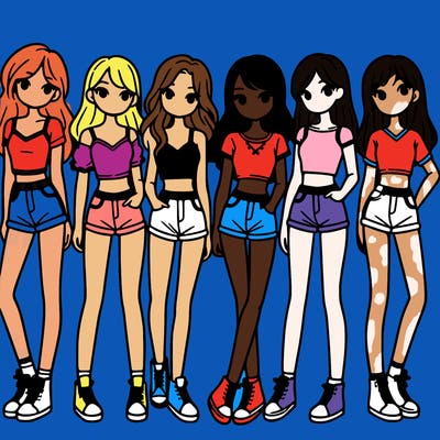 a group of girls wearing crop tops and shorts