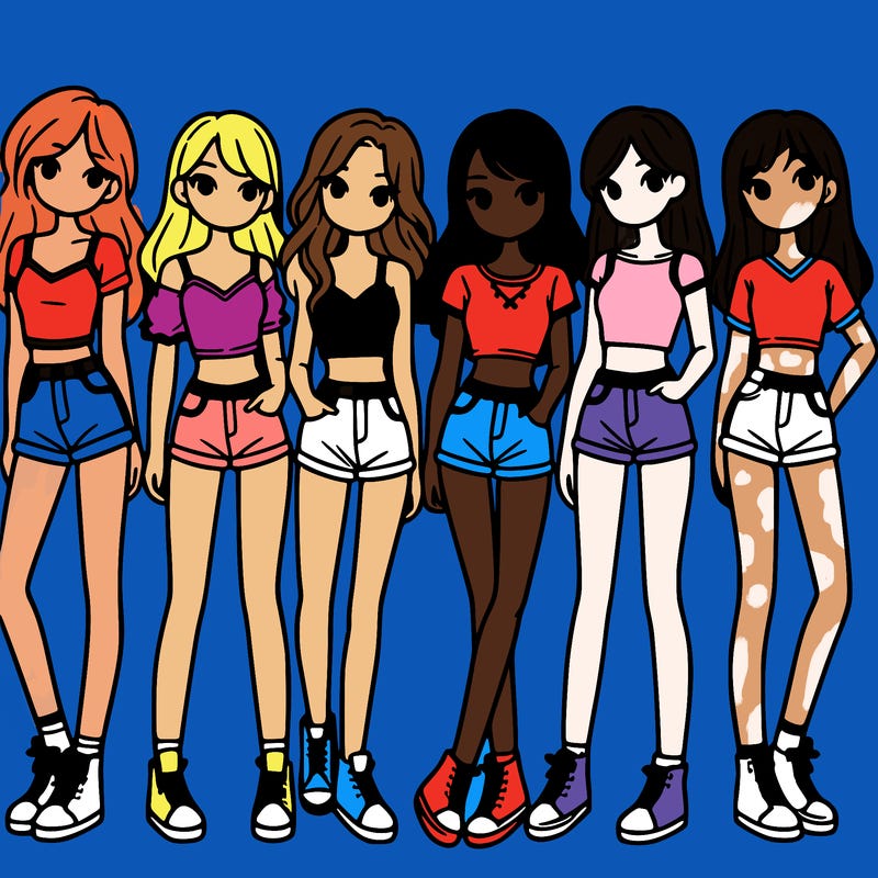a group of girls wearing crop tops and shorts