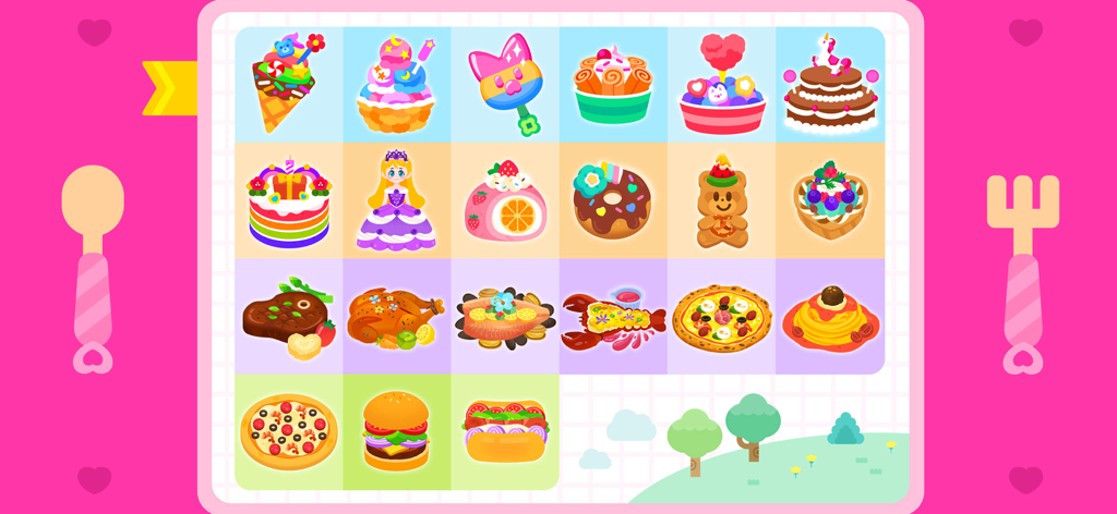 Cocobi Little Kitchen - kids - Una cuadrícula de menú que muestra varios platos coloridos como pasteles, pizza y helados en la aplicación Cocobi Little Kitchen