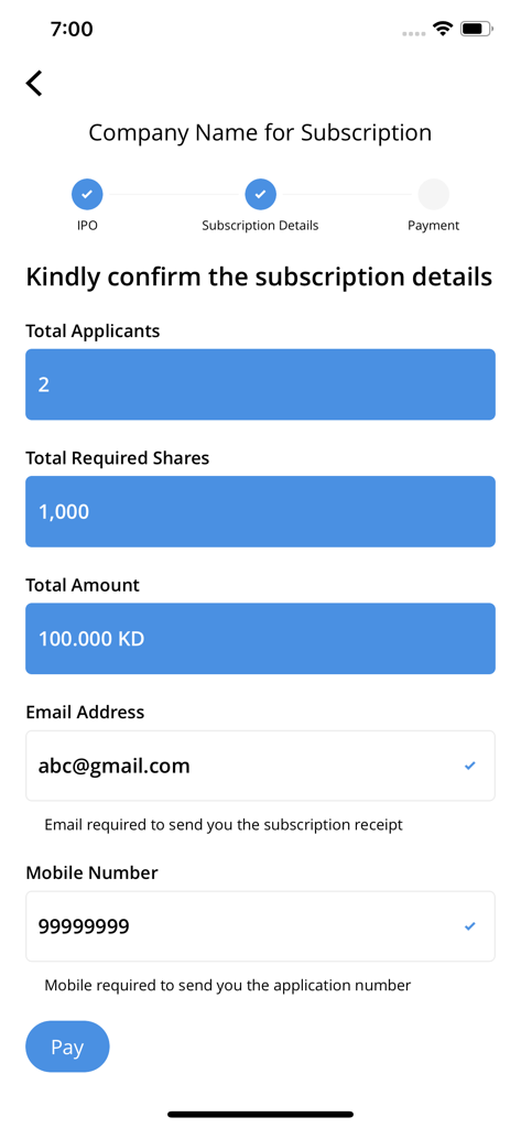 IPO Kuwait app subscription details confirmation screen showing total shares and amount