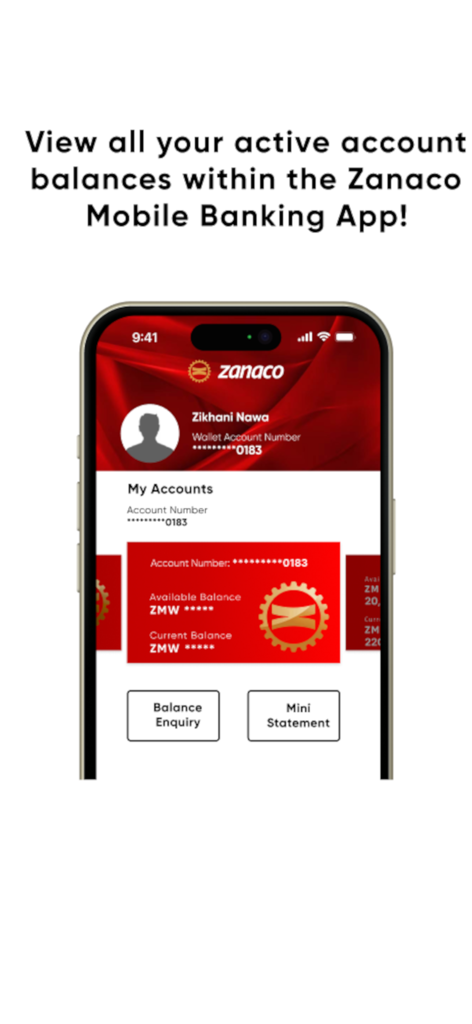 ZANACO Mobile - A smartphone showing the Zanaco Mobile app account balance screen with options for enquiry and statements
