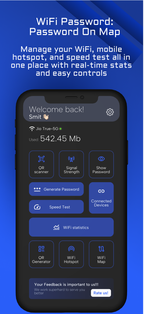 Free WiFi Password: WiFi Tool - Main screen of Free WiFi Password app showing network tools and data usage.