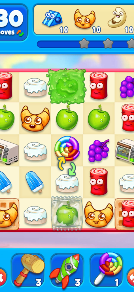 Sugar Heroes - World match 3 - Colorful Sugar Heroes match 3 game board with cute dessert characters and boosters