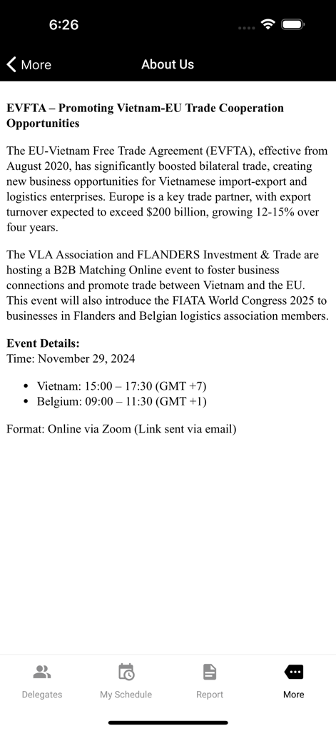 B2B-VLA One2One - About Us section of the B2B-VLA One2One app detailing the Vietnam-EU trade cooperation event information