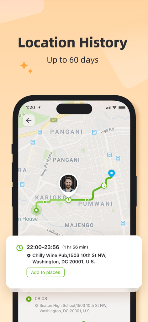Geonection - Location Tracker - A smartphone screen showing the Geonection app location history feature with a route on a map and 60 days of data tracking.
