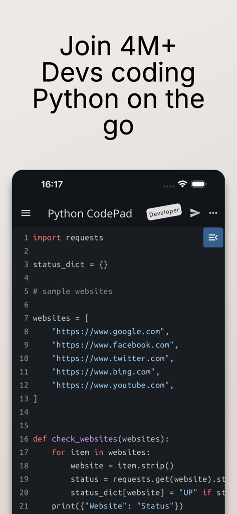 Python Coding Editor interface on a mobile device showing a script for checking website status with syntax highlighting