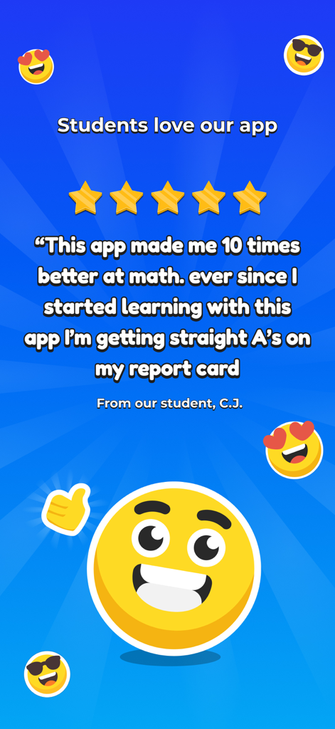 A five star review from a student stating that the Go Math app improved their math grades and report card performance