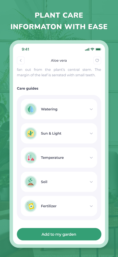 PlantID - Plant identifier++ - Guia de cuidados de Aloe Vera no aplicativo PlantID mostrando dicas de rega, luz solar, temperatura, solo e fertilizante