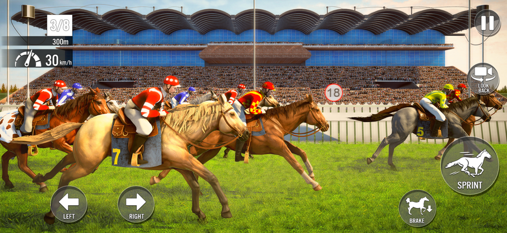 My Stable Horse Racing Games - Gameplay de courses de chevaux plein d'action avec des jockeys s'affrontant sur une piste gazonnée devant une foule de stade.