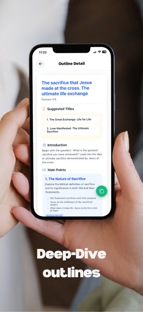 Sermon Assist - Pantalla de teléfono inteligente que muestra un esquema de sermón detallado con títulos y puntos principales sugeridos