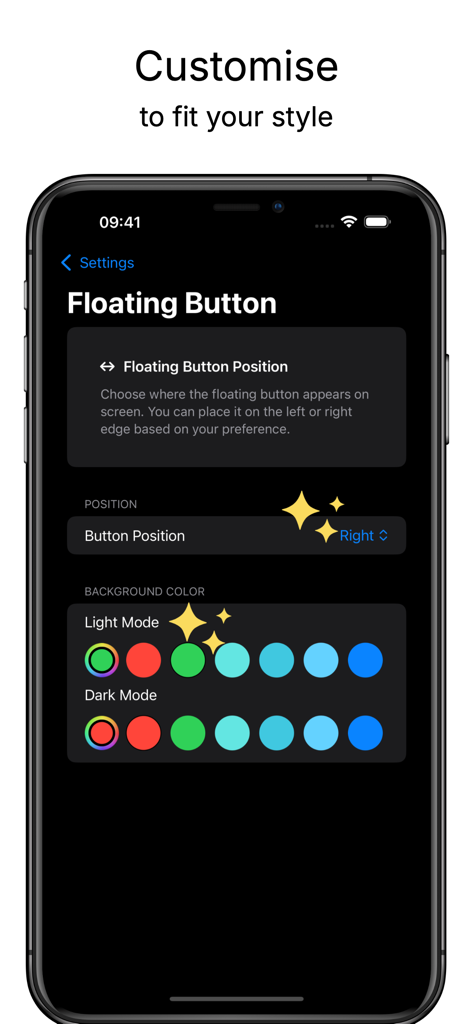 밝은 모드와 어두운 모드에서 위치 및 색상에 대한 플로팅 버튼 사용자 지정을 보여주는 Glida 앱 인터페이스