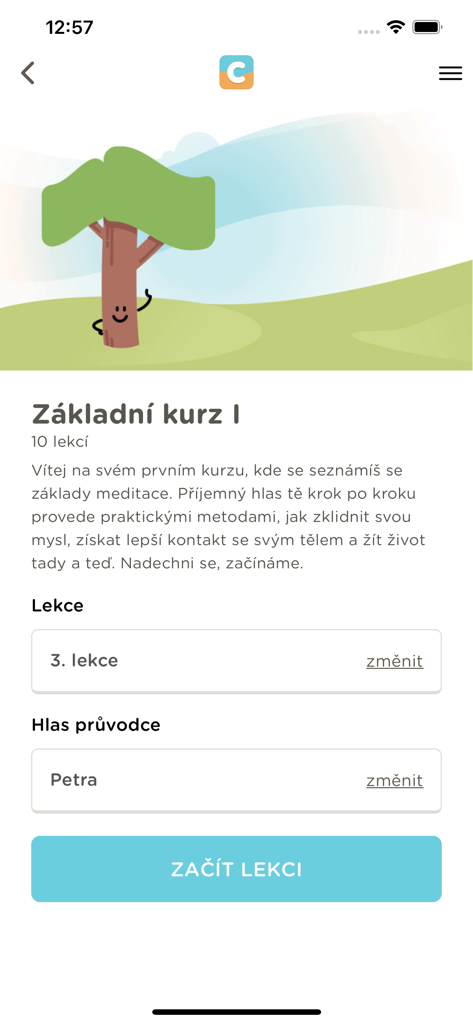 Calmio - Calmio app interface for a basic meditation course including lesson selection and voice guide settings