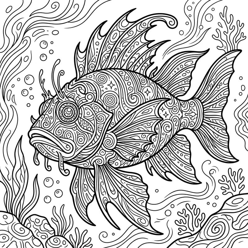 Explore the mysterious depths with this stunning deep-sea fish adult coloring page. Its intricate details and unique patterns offer a captivating and relaxing artistic challenge for experienced colorists.