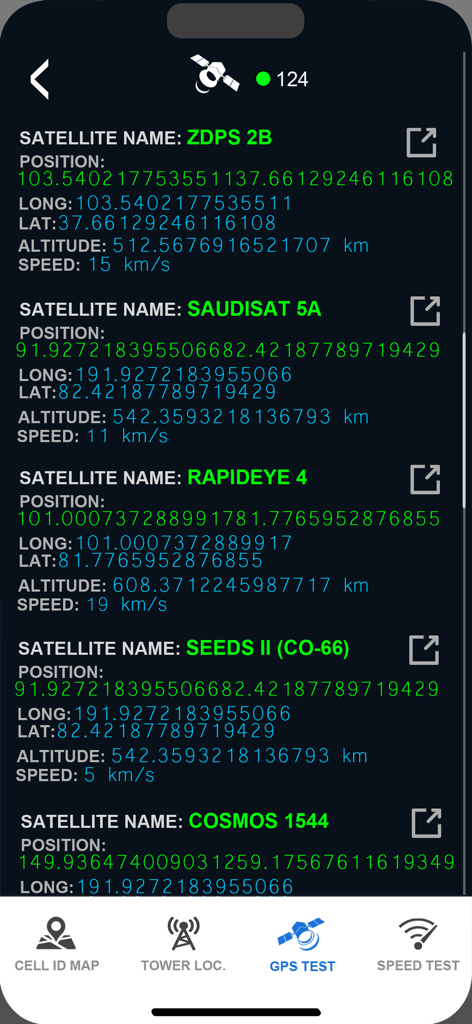 GPS test interface showing real time satellite data including positions altitude and speed