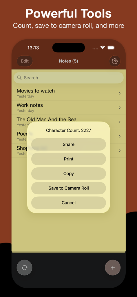 Simple Notes: Ultimate Edition - Captura de pantalla de Simple Notes Ultimate Edition que muestra herramientas de notas, incluyendo recuento de caracteres y opciones de exportación