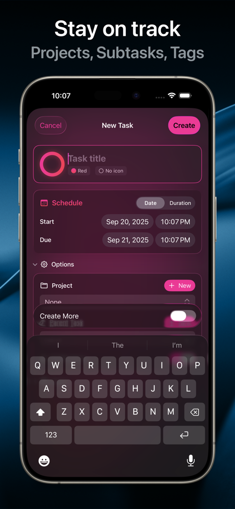 Pantalla de la aplicación Deadliner para crear y programar una nueva tarea