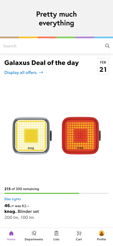 Interface of the Galaxus app showing a deal of the day for bike lights with discounted pricing and stock levels.