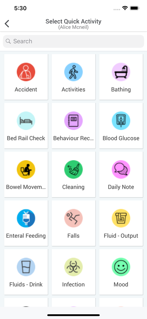 Access Care Planning - A mobile dashboard featuring icons for various care activities such as bathing, infection control, and mood tracking.