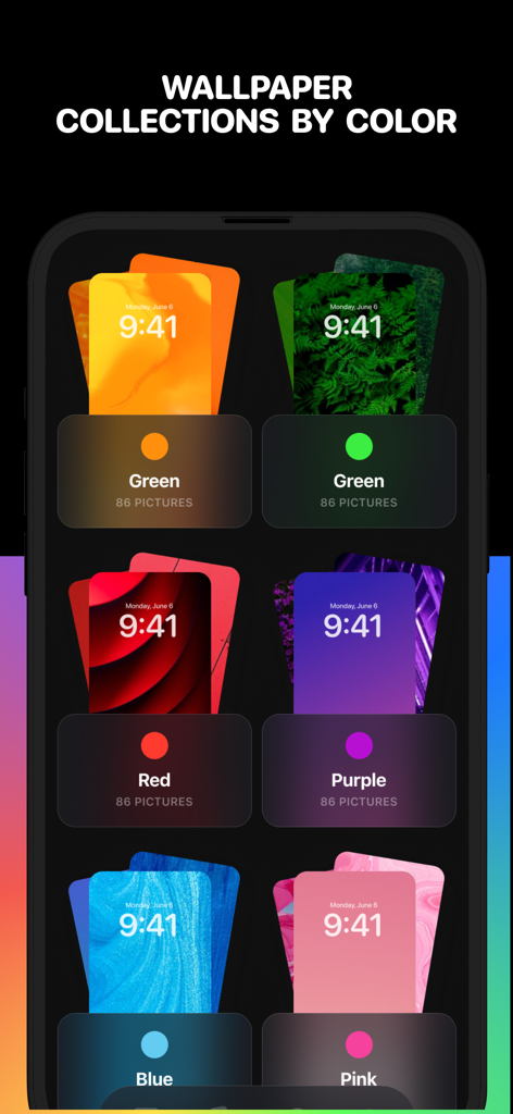8K WALLPAPERS x 4K Backgrounds - Mobile app interface showing wallpaper collections organized by color themes like red purple and blue