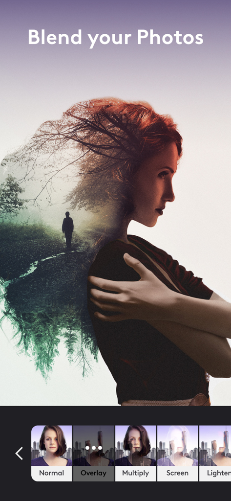 Kreativer Doppelbelichtungseffekt, der ein Frauenprofil mit einer Waldlandschaft unter Verwendung der Photoleap-Mischmodi kombiniert