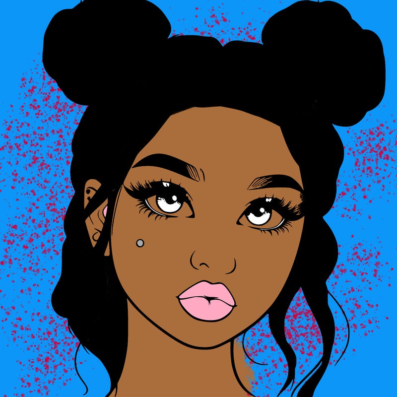 realistic girl with two buns on her hair and lips