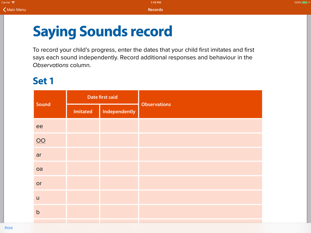 See and Learn Speech Sounds - A digital record table for tracking a childs progress in imitating and independently saying speech sounds