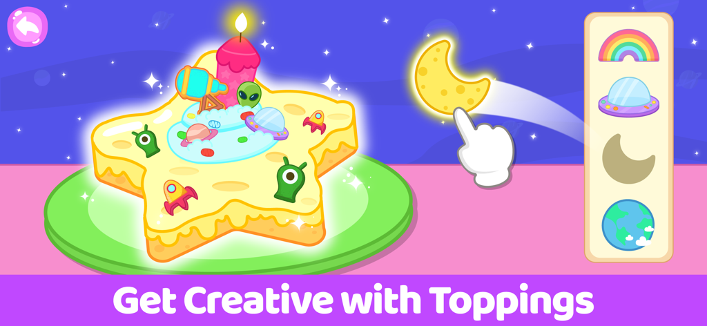 Cake Maker Kids Cooking Games - Decorando un pastel en forma de estrella con adornos espaciales como alienígenas y cohetes en un juego para niños